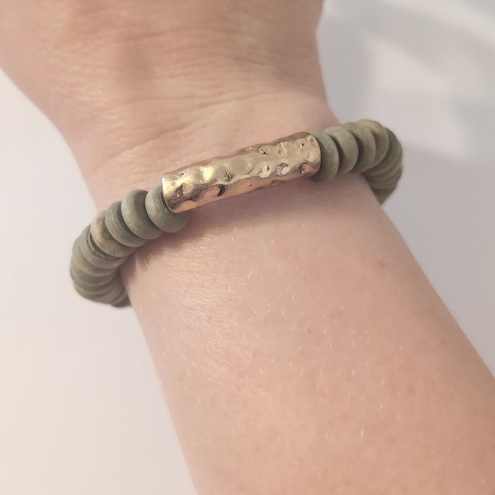635 Plunder Gold with Green Wood Beaded Bracelet